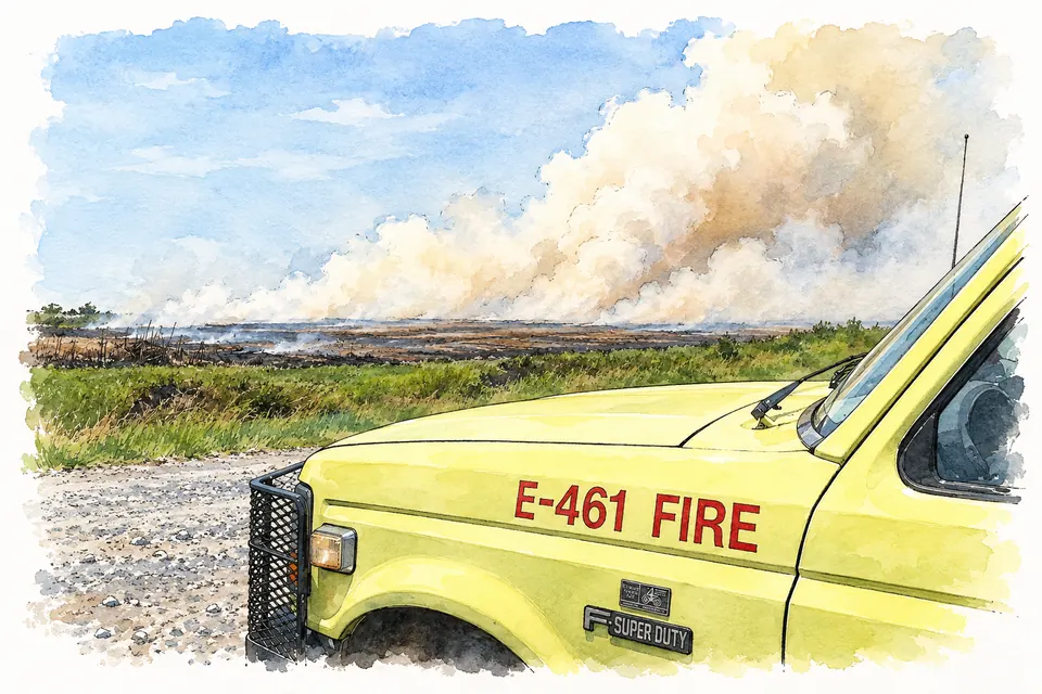 Aquarell der Motorhaube eines gelben Einsatzwagens mit der roten Aufschrift „E-461 FIRE“, dahinter eine abgebrannte Marschfläche unter einer hellen Rauchwolke.
