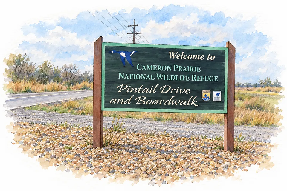 Aquarell eines dunkelgrünen, grün gerahmten Schilds auf zwei Holzpfosten mit der Aufschrift „Welcome to Cameron Prairie National Wildlife Refuge, Pintail Drive and Boardwalk“ neben einer Straße zwischen trockenem Gras.