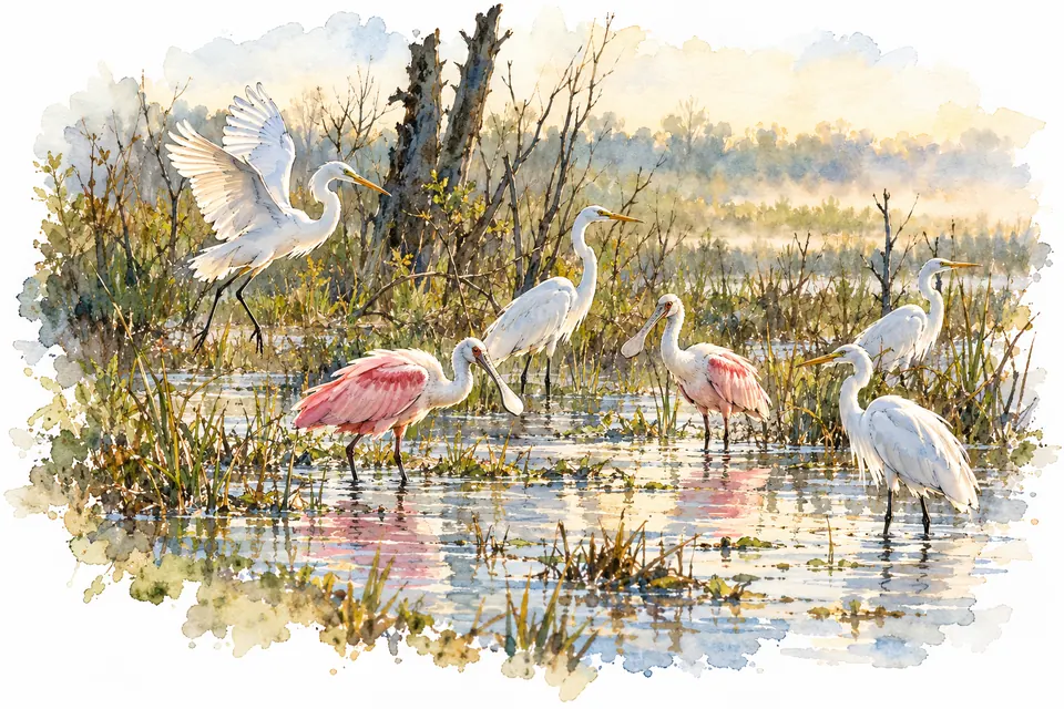 Aquarell von zwei rosa Rosalöfflern mit löffelförmigem Schnabel und mehreren weißen Reihern im flachen Marschwasser. Ein Reiher fliegt auf.