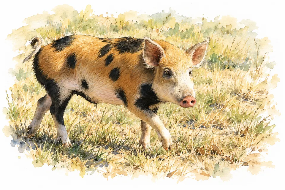 Aquarell eines orangebraunen, schwarz gefleckten Schweins, das durch trockenes Gras läuft.