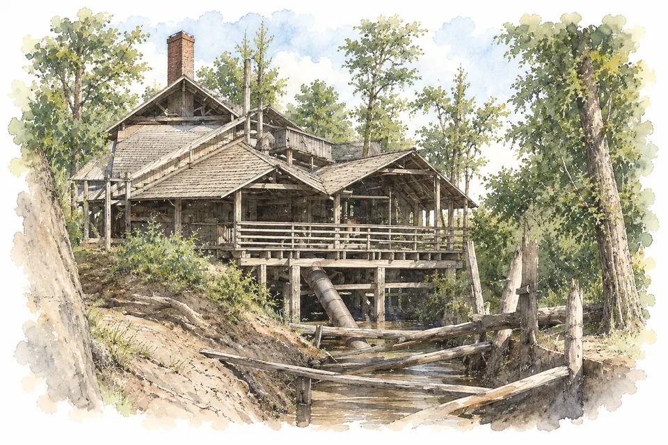 Aquarell: Historisches hölzernes Pumpenhaus auf Stützen mit einem großen schräg abwärts führenden Rohr.