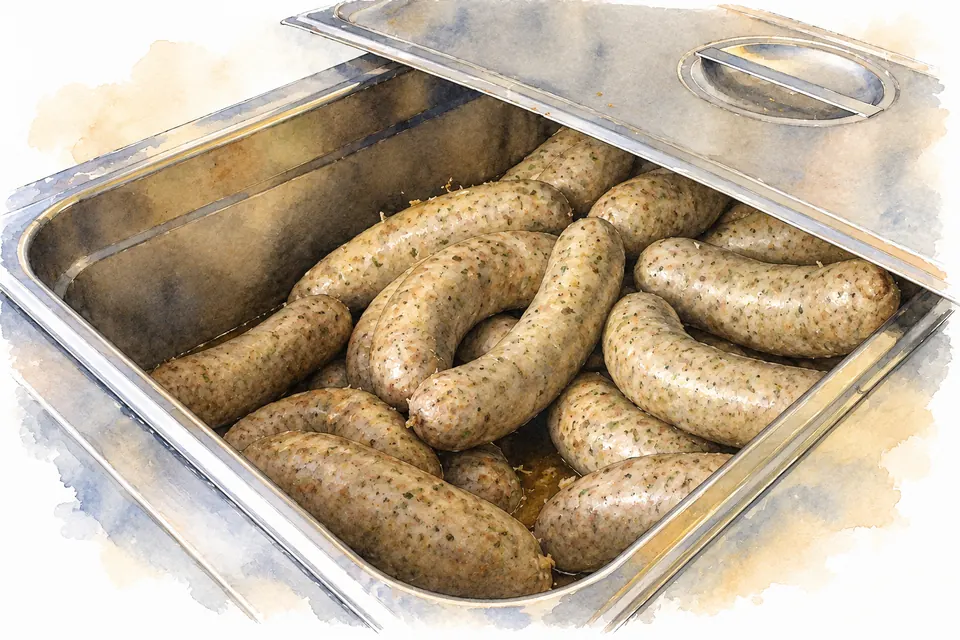 Aquarell: Ganze helle Boudin-Würste liegen in einem geöffneten Edelstahlbehälter.