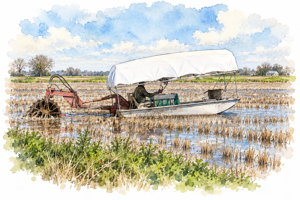 Aquarell: Ein flaches Ernteboot mit weißem Sonnendach und großem Antriebsrad in einem flach überfluteten Feld mit Reisstoppeln.