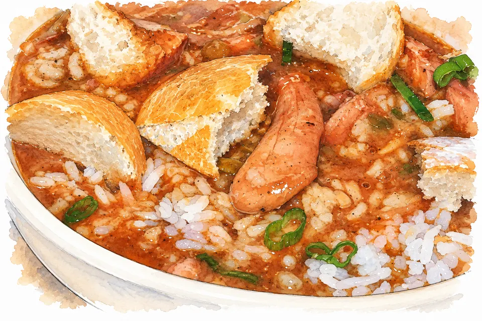 Aquarell: Gumbo mit weißem Reis und Brotstücken in einer weißen Schüssel.