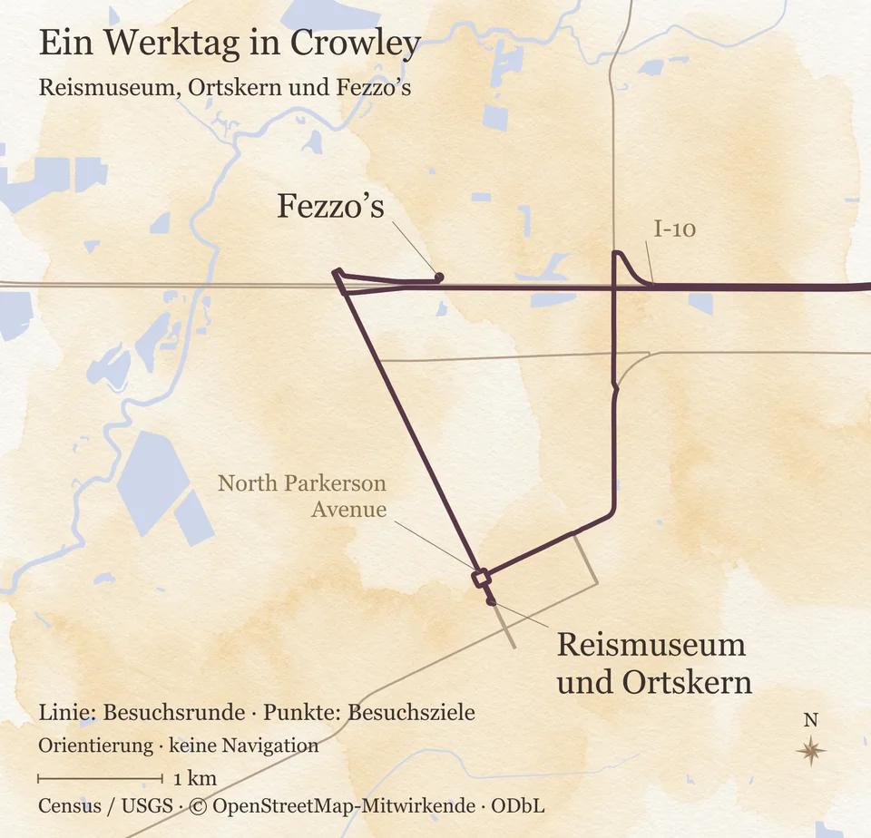 Karte von Crowley mit Reismuseum und Ortskern an der North Parkerson Avenue, Fezzo's an der I-10 und der Besuchsrunde zwischen beiden.