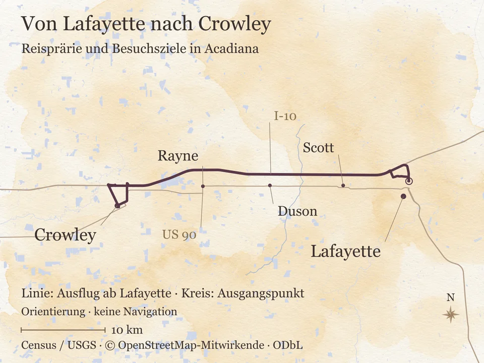 Karte der Strecke von Lafayette nach Crowley über die I-10 mit Rayne, Duson und Scott, dazu die US 90; eine Linie zeigt den Ausflug ab Lafayette, ein Kreis den Ausgangspunkt.