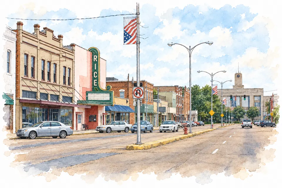 Aquarell: Historische Geschäftsfassaden und das rosa Rice Theatre an einer breiten Straße in Crowley.