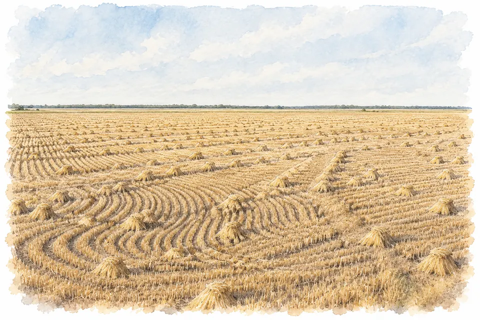 Aquarell eines abgeernteten Reisfelds mit gebogenen Stoppelreihen und kleinen Garben.
