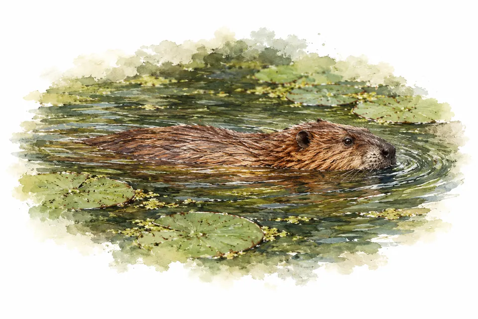 Aquarell eines schwimmenden Amerikanischen Bibers zwischen Seerosenblättern, Kopf und oberer Rücken über Wasser.