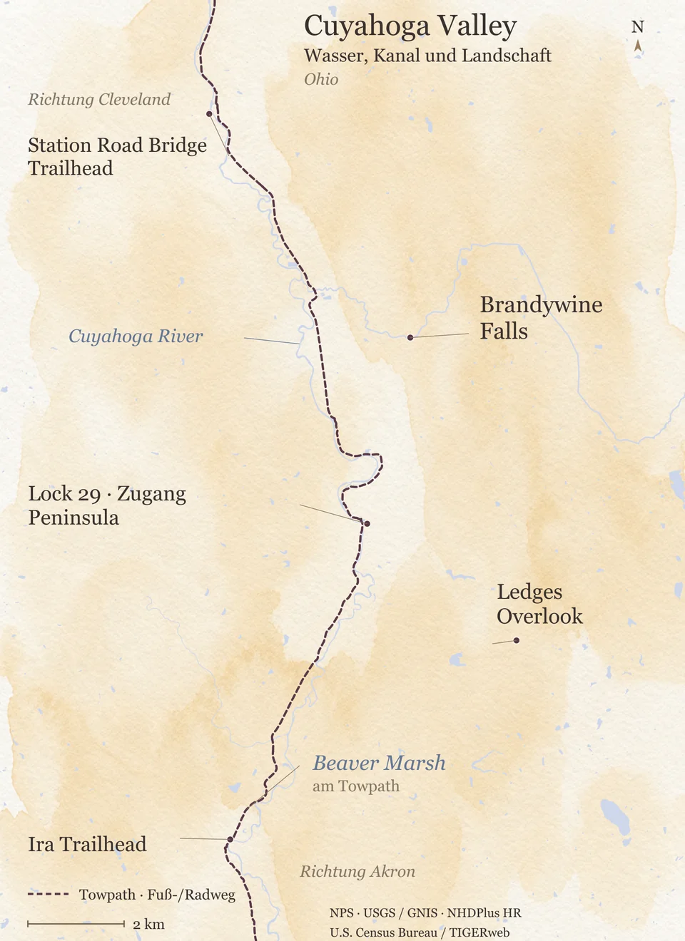 Übersichtskarte des Cuyahoga Valley zwischen Cleveland im Norden und Akron im Süden. Gestrichelt der Towpath entlang des Cuyahoga River von der Station Road Bridge über Lock 29 in Peninsula bis zum Ira Trailhead, am Towpath der Beaver Marsh. Östlich davon Brandywine Falls am Brandywine Creek und der Ledges Overlook.