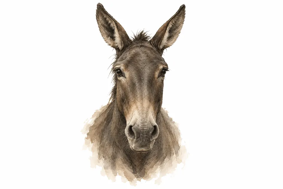 Aquarell eines Maultierkopfes von vorn mit langen aufrechten Ohren, in warmen Grau- und Sepiatönen.