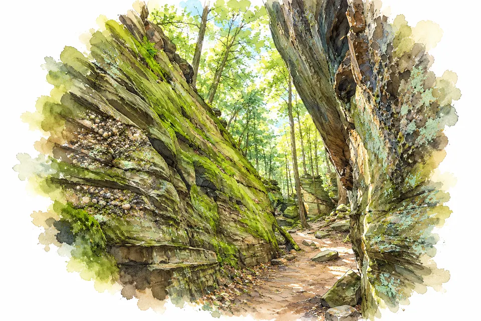 Aquarell eines schmalen Waldwegs zwischen moosbewachsenen Felswänden der Ritchie Ledges.