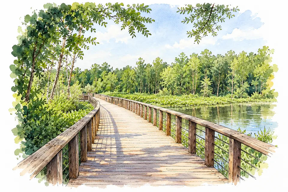 Aquarell des hölzernen Towpath-Boardwalks mit beidseitigem Geländer und einer Linksbiegung im Beaver Marsh.