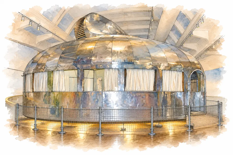 Rundes Dymaxion House mit silberner Aluminiumhülle, umlaufenden Fenstern und erhöhtem Dachlüfter im Henry Ford Museum in Dearborn.