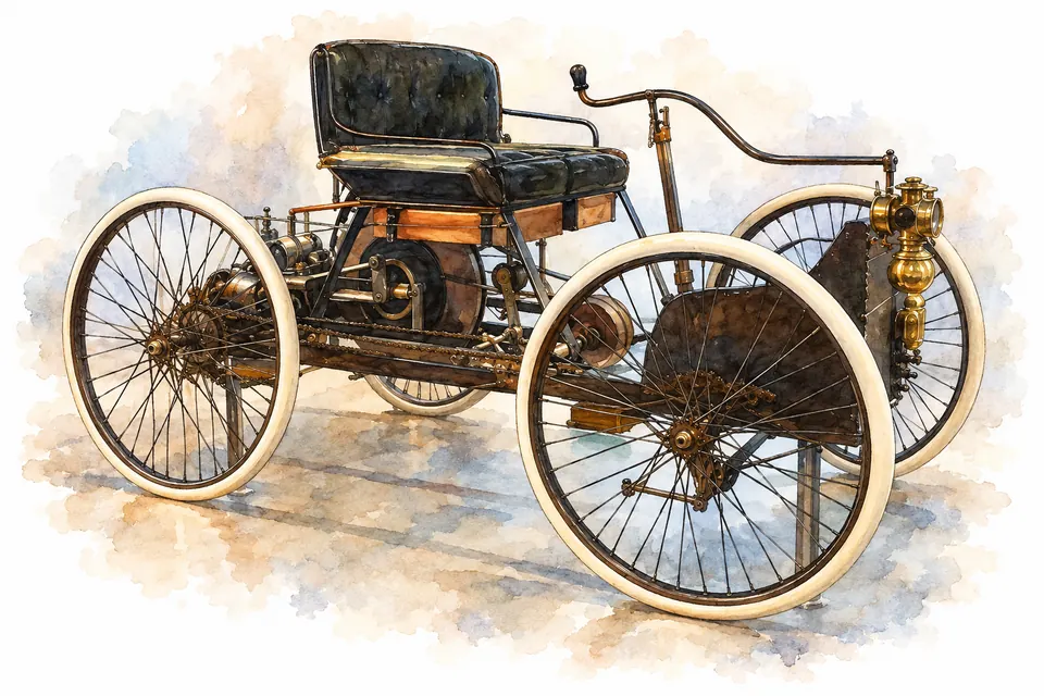 Offenes Quadricycle mit vier schmalen Speichenrädern, schwarzer Sitzbank und Hebellenkung im Henry Ford Museum in Dearborn.