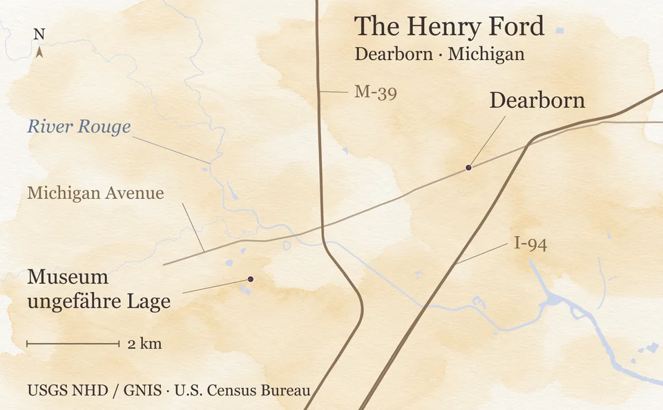 Lage des Henry Ford Museum in Dearborn, Michigan, mit I-94, M-39, Michigan Avenue und River Rouge; der Museumsmarker zeigt die ungefähre Adresslage.