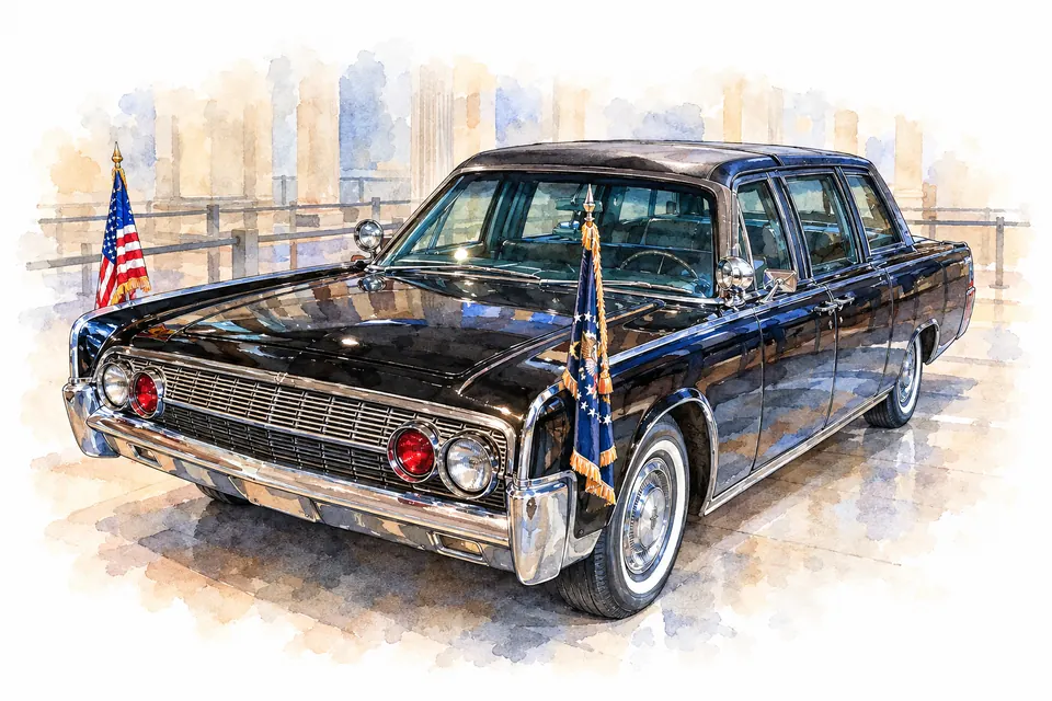 Lange schwarze Lincoln-Limousine mit festem geschlossenem Dach, Chromgrill und zwei kleinen Flaggen im Henry Ford Museum in Dearborn.