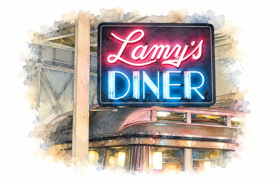 Pink-blaues Neonschild mit den Worten Lamy’s Diner über einem Ausschnitt des Diners im Henry Ford Museum in Dearborn.
