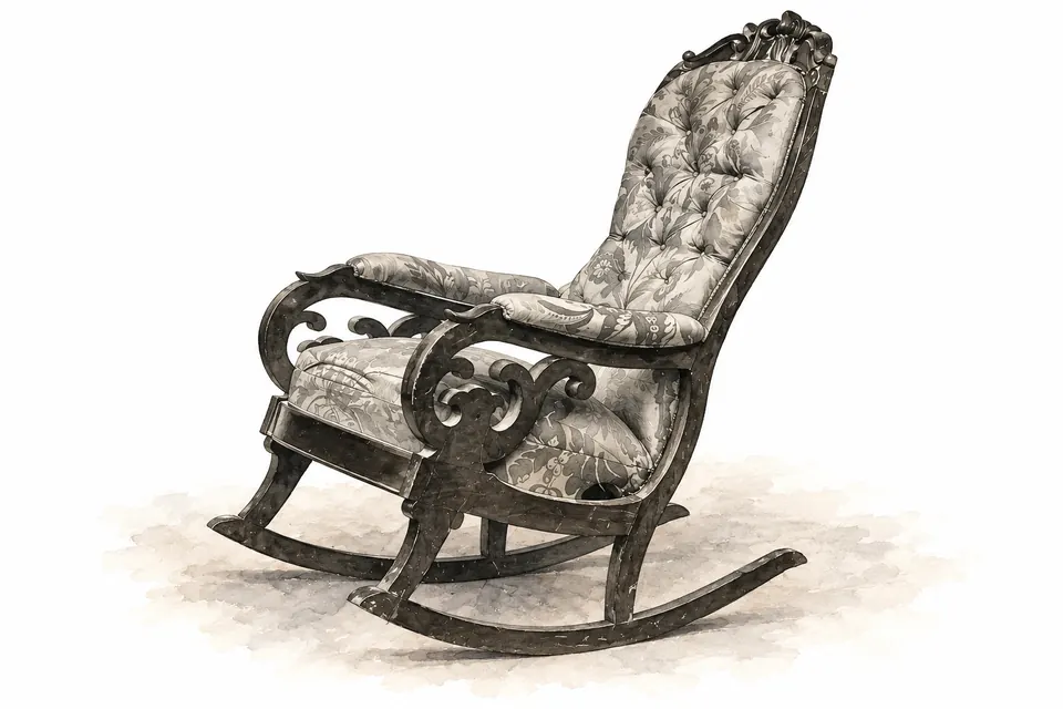 Monochrome historische Ansicht von Lincolns gepolstertem Schaukelstuhl aus Ford’s Theatre mit geschnitzten Armlehnen und gebogenen Kufen.