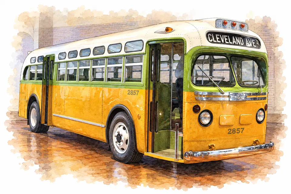 Gelb-grüner Bus 2857 mit cremefarbenem Dach und offener vorderer Tür im Henry Ford Museum in Dearborn.