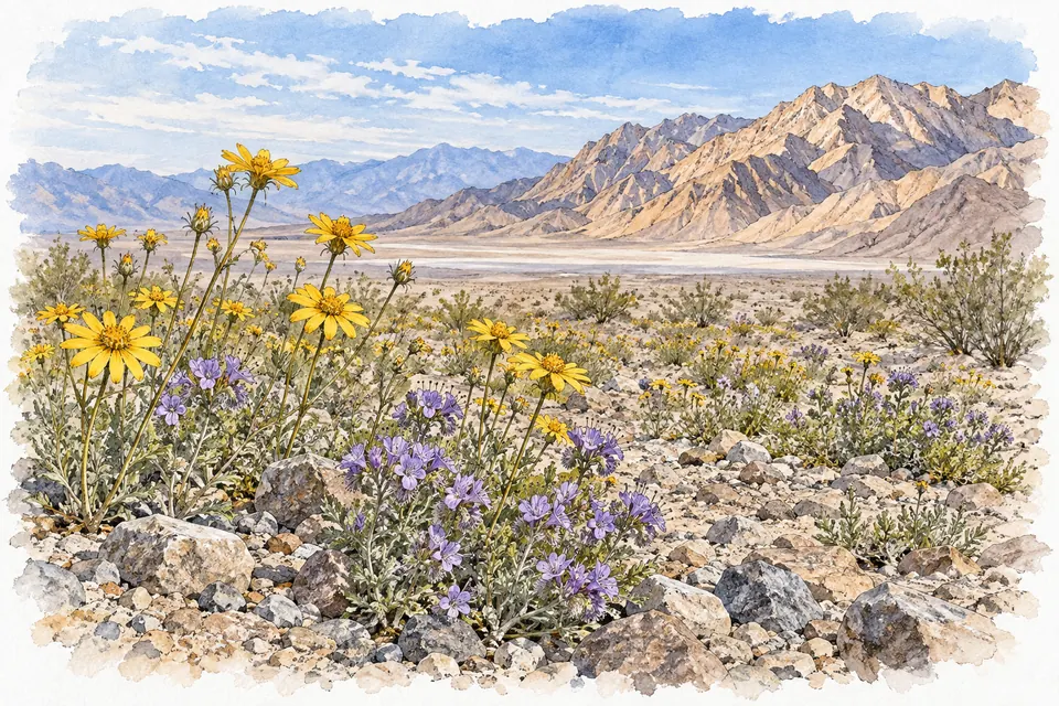 Aquarell gelber und violetter Wildblumen auf steinigem Wüstenboden vor einer Bergkette.