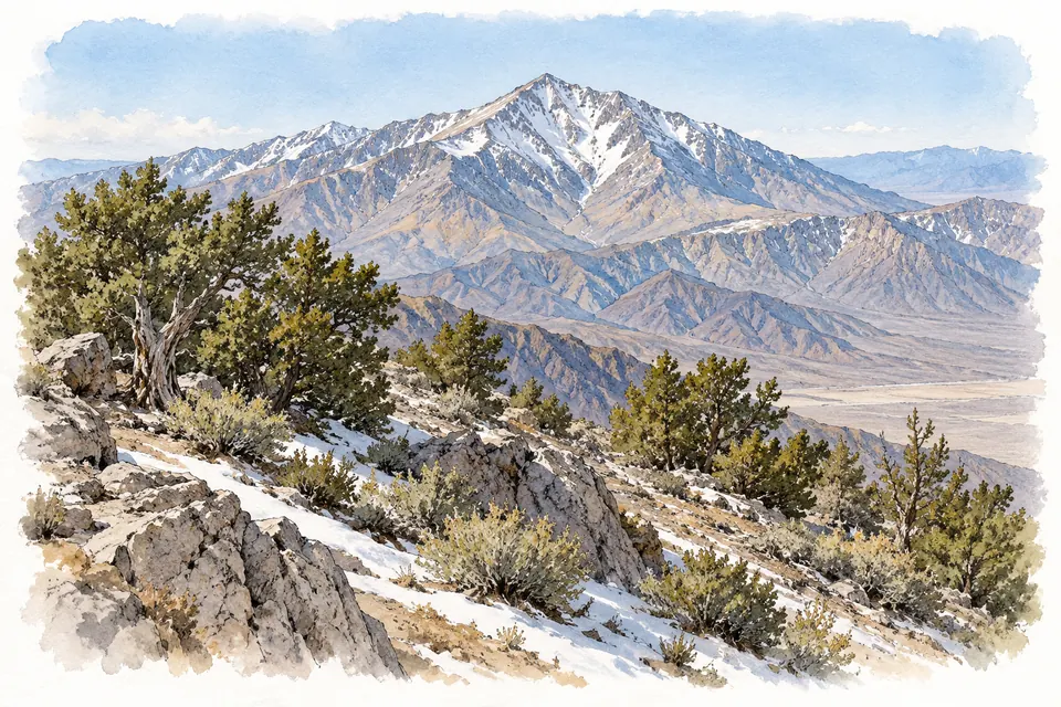 Aquarell eines schneebedeckten Gipfels über einem Hang mit niedrigen Nadelbäumen und Felsen.