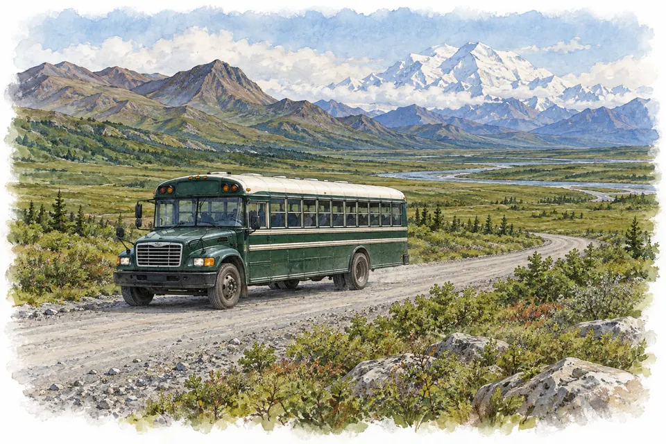 Aquarell eines grünen Busses auf einer Schotterstraße durch weite Tundra, dahinter schneebedeckte Berge.