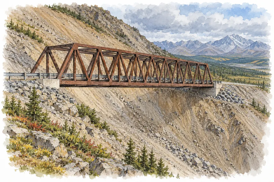 Aquarell einer Stahlbrücke, die an einem steilen Geröllhang eine Rutschung überspannt.