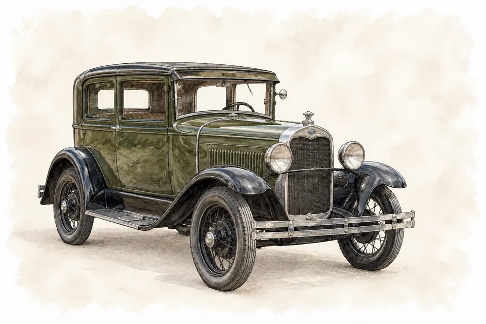 Aquarell einer dunkelgrünen Limousine mit schwarzen Kotflügeln, Speichenrädern und runden Scheinwerfern.