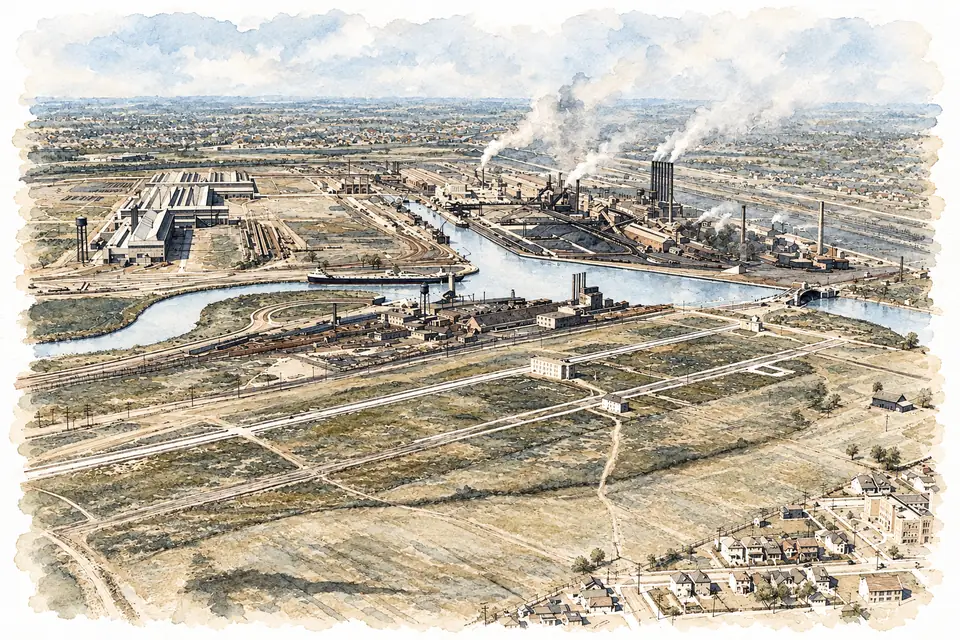 Aquarell einer Industrieanlage aus der Luft: Hallen, rauchende Schornsteine und Gleise an einem Kanal, umgeben von flachem Land.