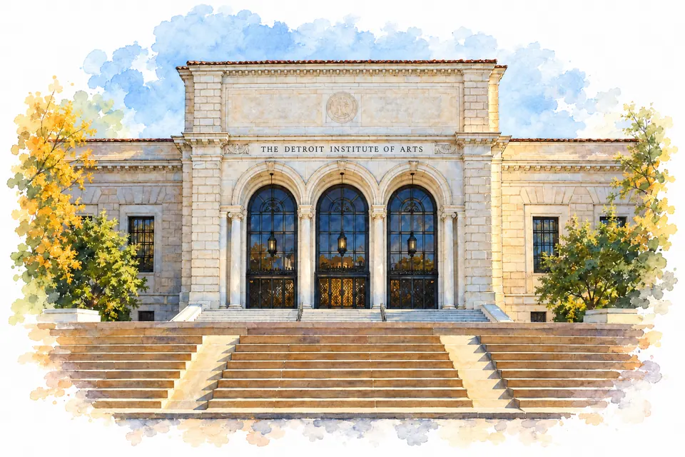 Aquarell der hellen Marmorfassade des Detroit Institute of Arts mit drei hohen Rundbögen über dem Eingang und einer breiten Freitreppe. Links und rechts stehen Bäume mit teils gelbem Laub.