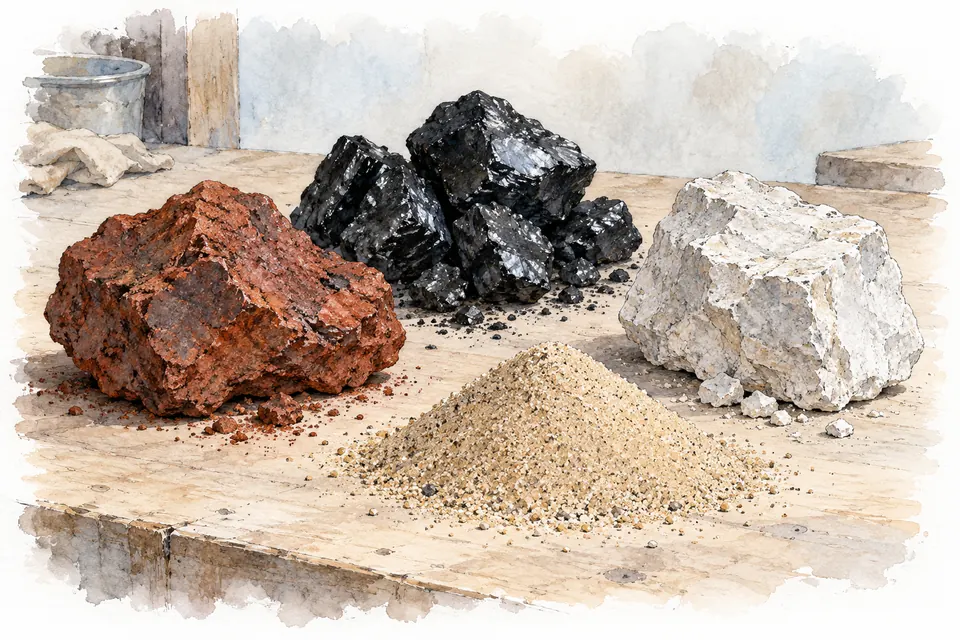 Aquarell von Brocken aus rotbraunem Eisenerz, schwarzer Kohle und hellem Kalkstein neben einem Häufchen Sand.