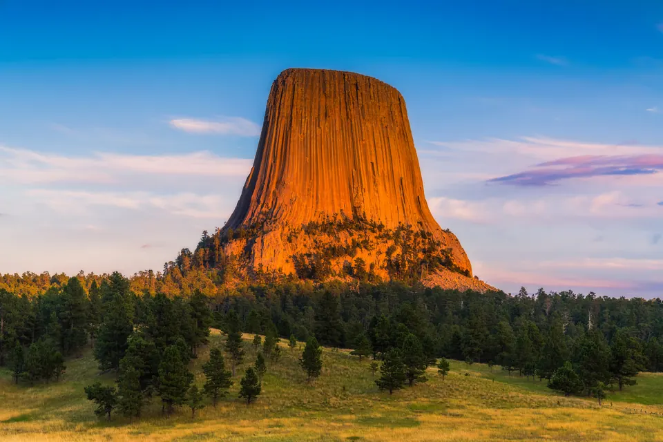 Der Devils Tower mit seinen senkrechten Säulen leuchtet orange im Abendlicht über einem Kiefernwald und einer Wiese.