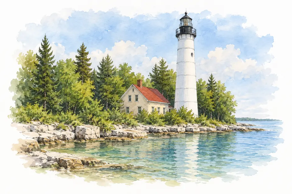 Aquarell eines weißen Leuchtturms mit dunkler Laterne neben einem Wärterhaus mit rotem Dach, umgeben von Nadelbäumen, davor flache Felsplatten am Wasser.