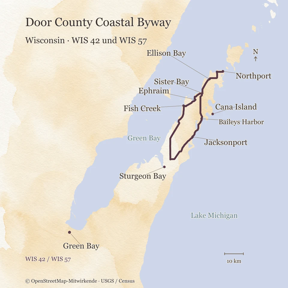 Aquarellkarte des Door County Coastal Byway in Wisconsin mit WIS 42 an der Green Bay, WIS 57 am Lake Michigan und der Strecke bis Northport; Green Bay ist als Ort zur Orientierung eingezeichnet.