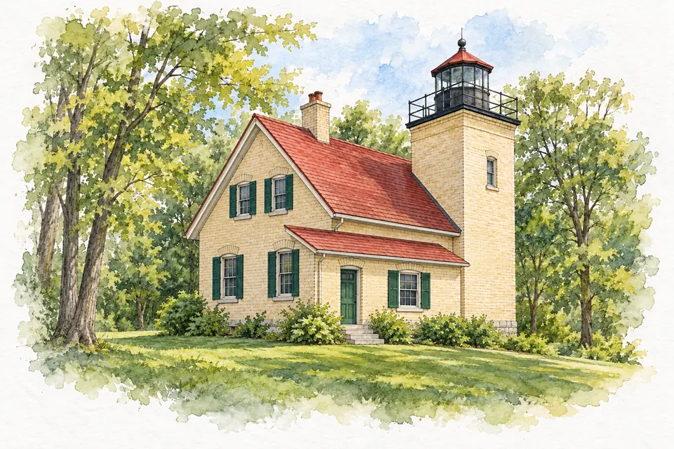 Aquarell eines hellen Backsteinhauses mit grünen Fensterläden und rotem Dach, an das ein viereckiger Turm mit Laterne anschließt, zwischen Laubbäumen auf einer Wiese.