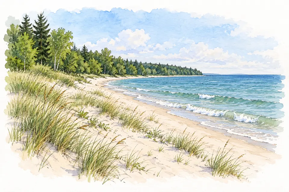 Aquarell eines Sandstrands mit grasbewachsenen Dünen, Wald am Ufer und den Wellen eines weiten Sees.