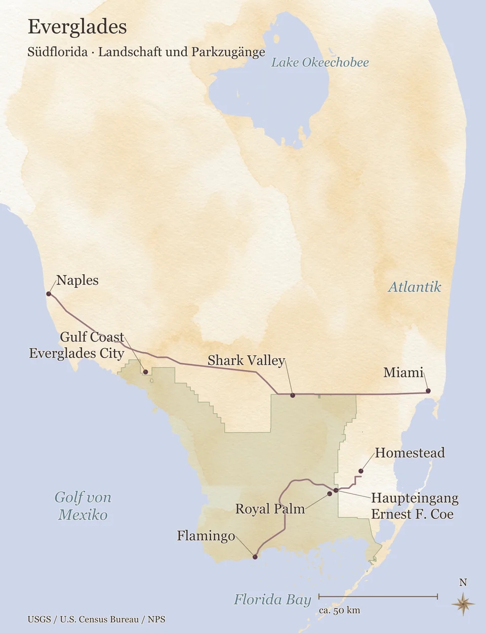 Orientierungskarte Südflorida mit Lake Okeechobee, Everglades National Park, Florida Bay, Golf von Mexiko und Atlantik; markiert sind Shark Valley, Gulf Coast in Everglades City, Haupteingang Ernest F. Coe, Royal Palm und Flamingo sowie Naples, Miami und Homestead.