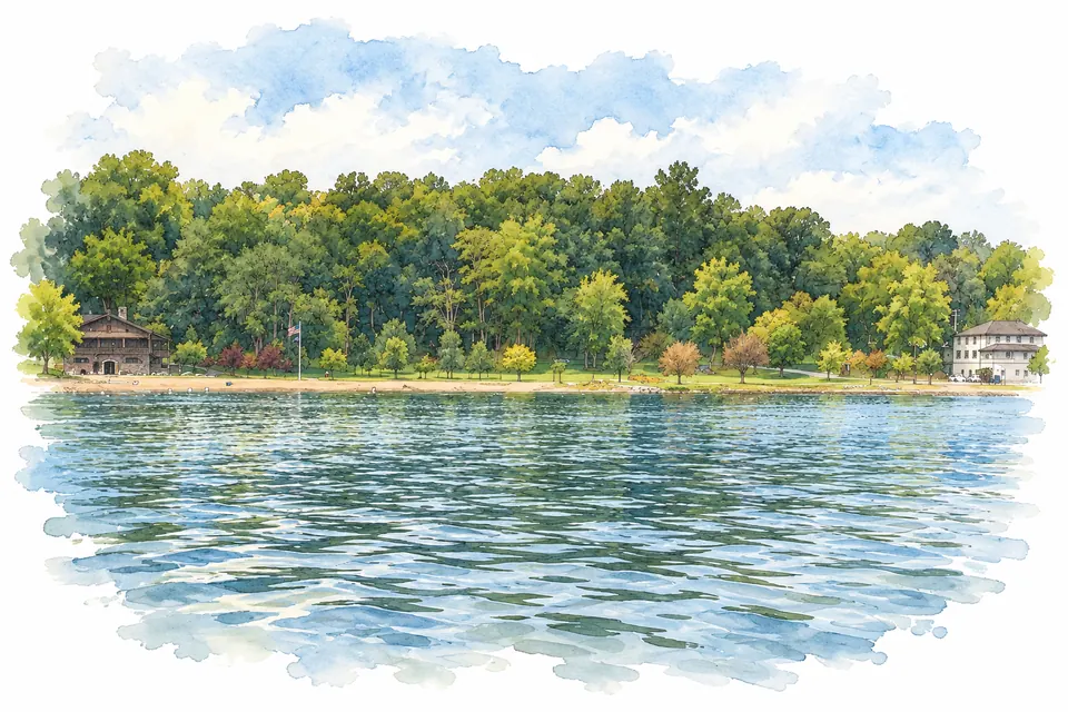 Aquarell des flachen Ufers am Cayuga Lake State Park vom Wasser aus mit bewaldetem Hang und Gebäuden.