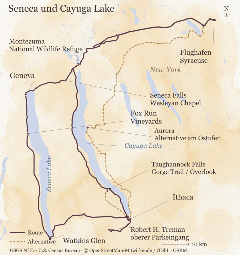 Übersicht der viertägigen Route ab Syracuse über Montezuma, Seneca Falls, Geneva und die drei Schluchtparks bei Watkins Glen und Ithaca; Seneca Lake und Cayuga Lake vollständig, Rückweg über Aurora als Alternative.