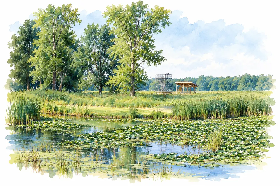 Aquarell der Marschlandschaft im Montezuma National Wildlife Refuge mit Wasserflächen, Seerosen, Waldrand und einem Beobachtungsturm im Hintergrund.