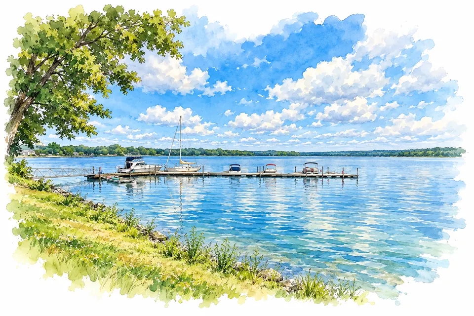 Aquarell des Seneca Lake bei Geneva mit Pier und Booten am Ufer.