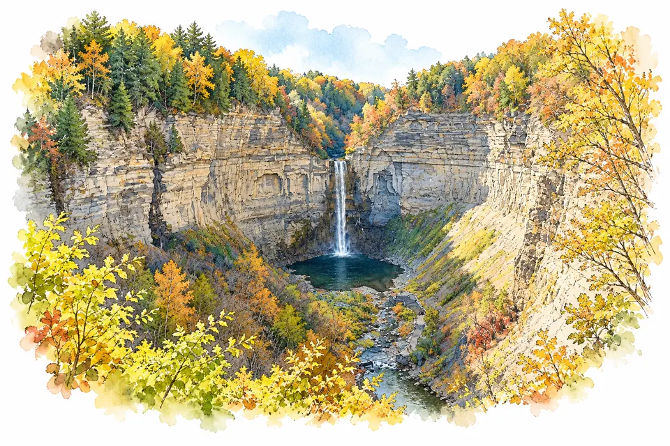 Aquarell der Taughannock Falls, die in ein Becken in einem hohen Felsamphitheater stürzen.