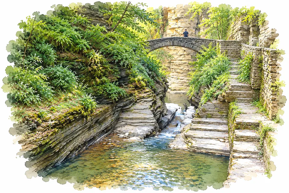 Aquarell eines steinernen Treppenwegs neben einem schmalen Felskanal mit niedriger Steinbrücke in der Enfield Gorge.