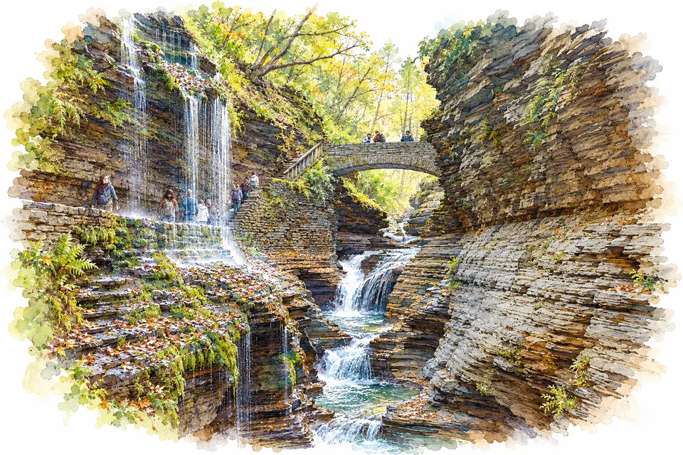 Aquarell der Rainbow Falls und der steinernen Rainbow Bridge im Watkins Glen State Park vor geschichteten Felswänden.