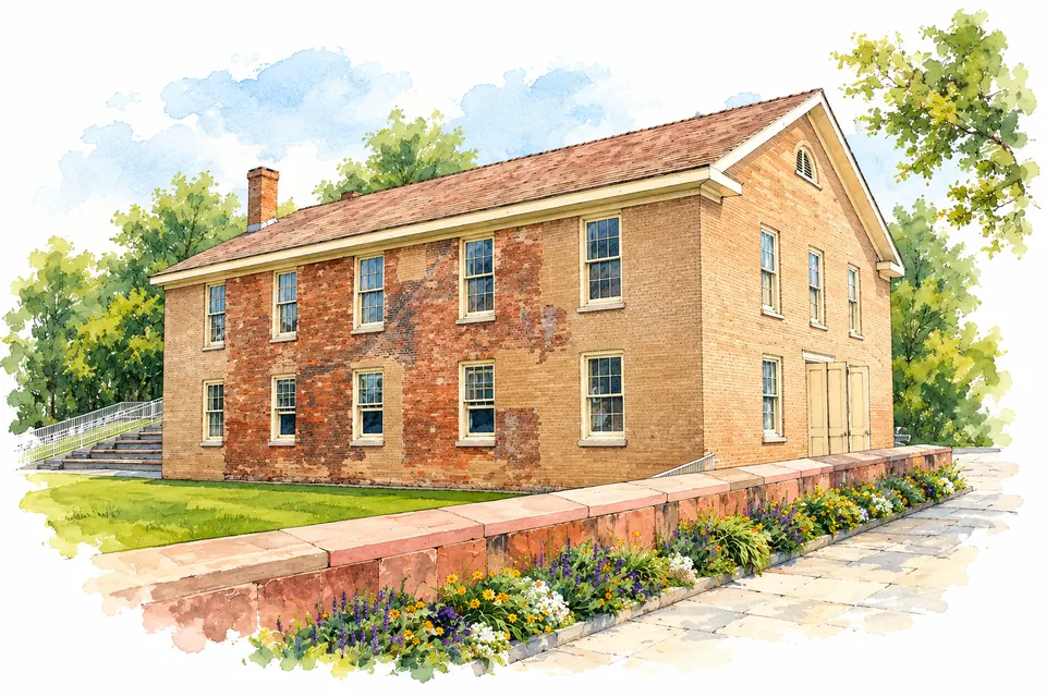 Aquarell der Wesleyan Chapel in Seneca Falls mit roten und hellbraunen Ziegeln.
