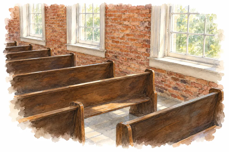 Aquarell eines Ausschnitts aus dem Innenraum der Wesleyan Chapel mit dunklen Holzbänken, Ziegelwand und Sprossenfenstern.