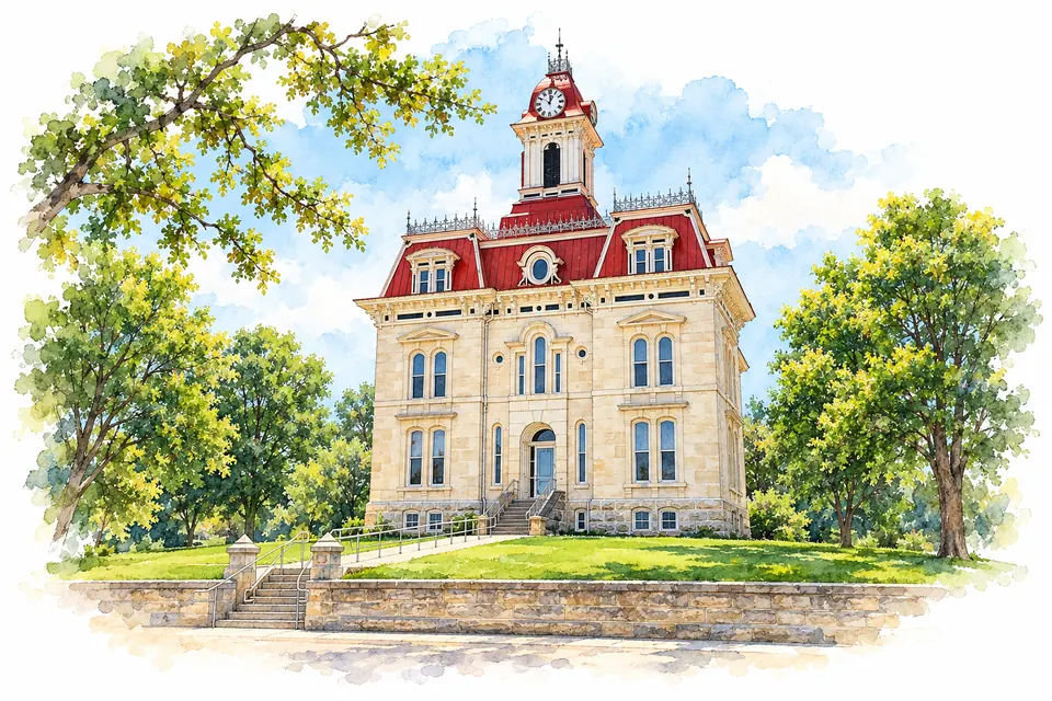 Aquarell des Chase County Courthouse aus hellem Kalkstein mit rotem Mansarddach und Uhrturm.