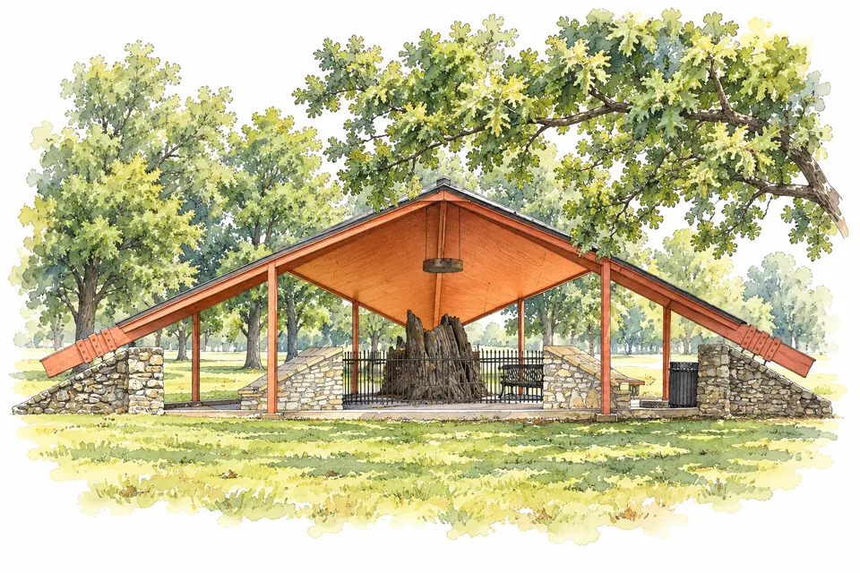 Aquarell des hohlen Stumpfs der Council Oak unter einem offenen Schutzdach mit Steinmauern.