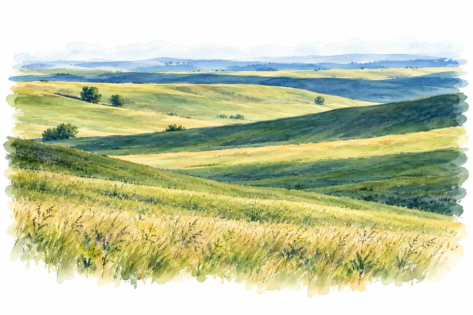 Aquarell sanft gewellter Hügel mit hohem Gras in den Flint Hills von Kansas.